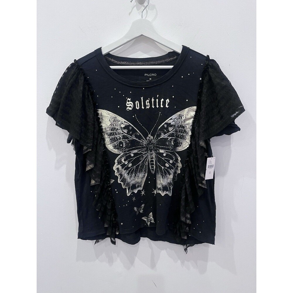 Pilcro Golden Hour Tee In Black W Ruffle Sz XS Solstice Butterfly Fairy Runs Big
